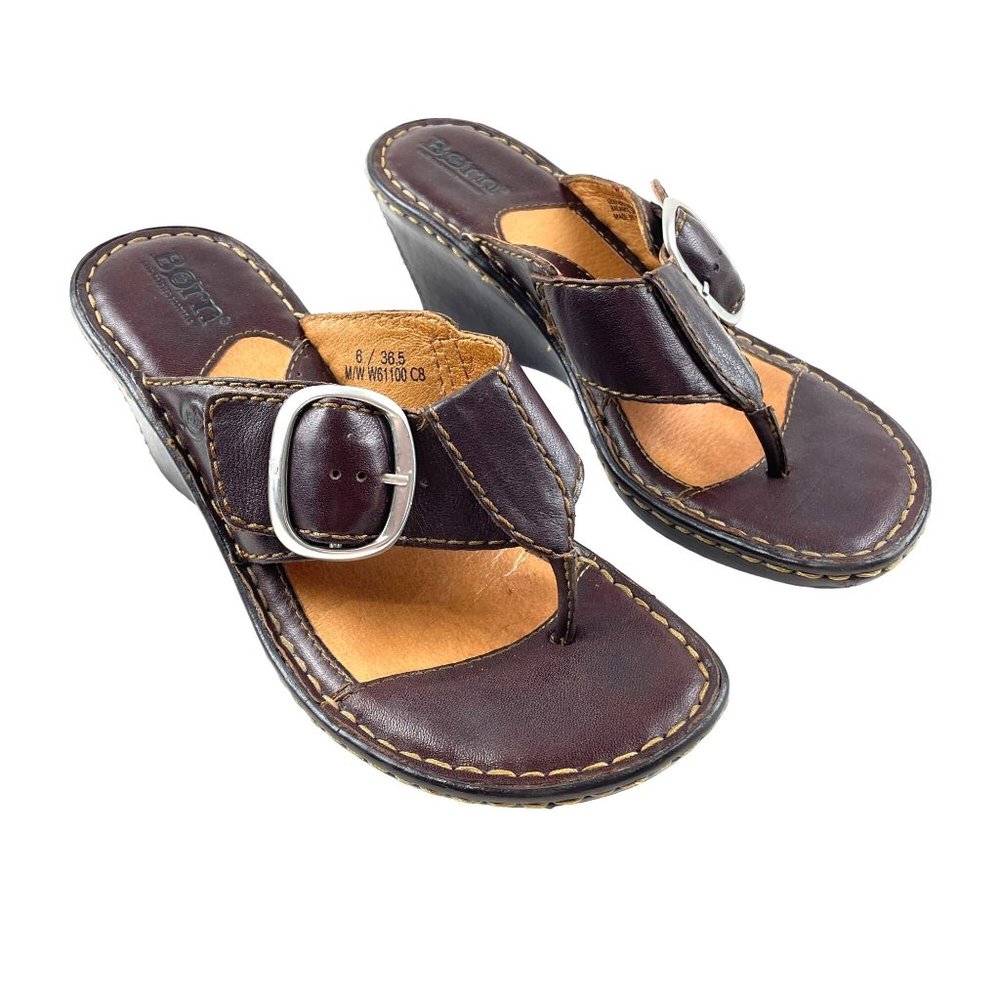 Born Brown Leather Thong Adjustable Strap Platform Sandals W61100 Sz 6